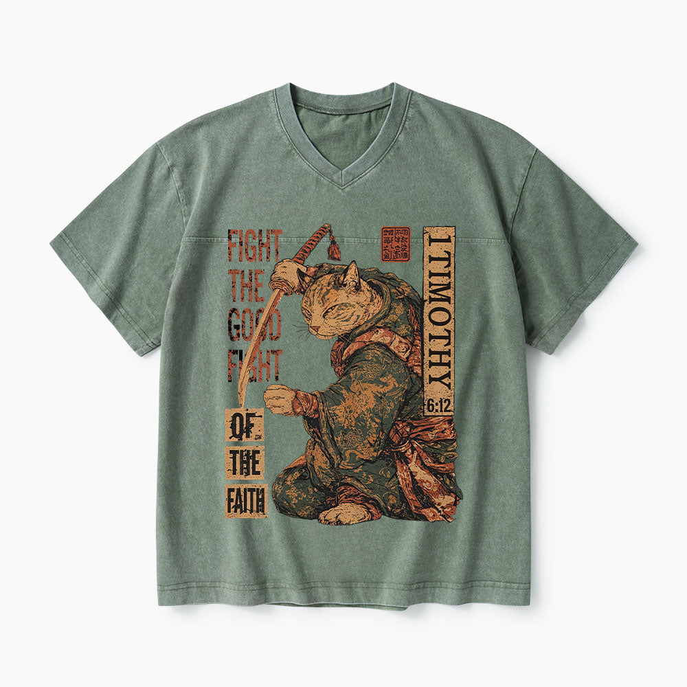 Fight The Good Fight Of The Faith Christian Washed V-Neck T-Shirt