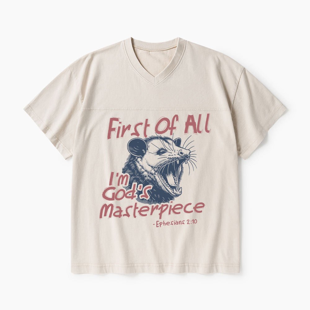 First Of All I'm God's Masterpieces Christian Washed V-Neck T-Shirt