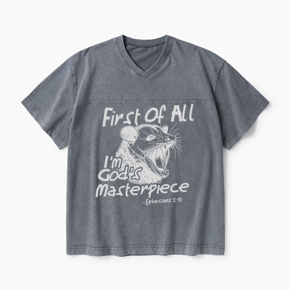 First Of All I'm God's Masterpieces Christian Washed V-Neck T-Shirt