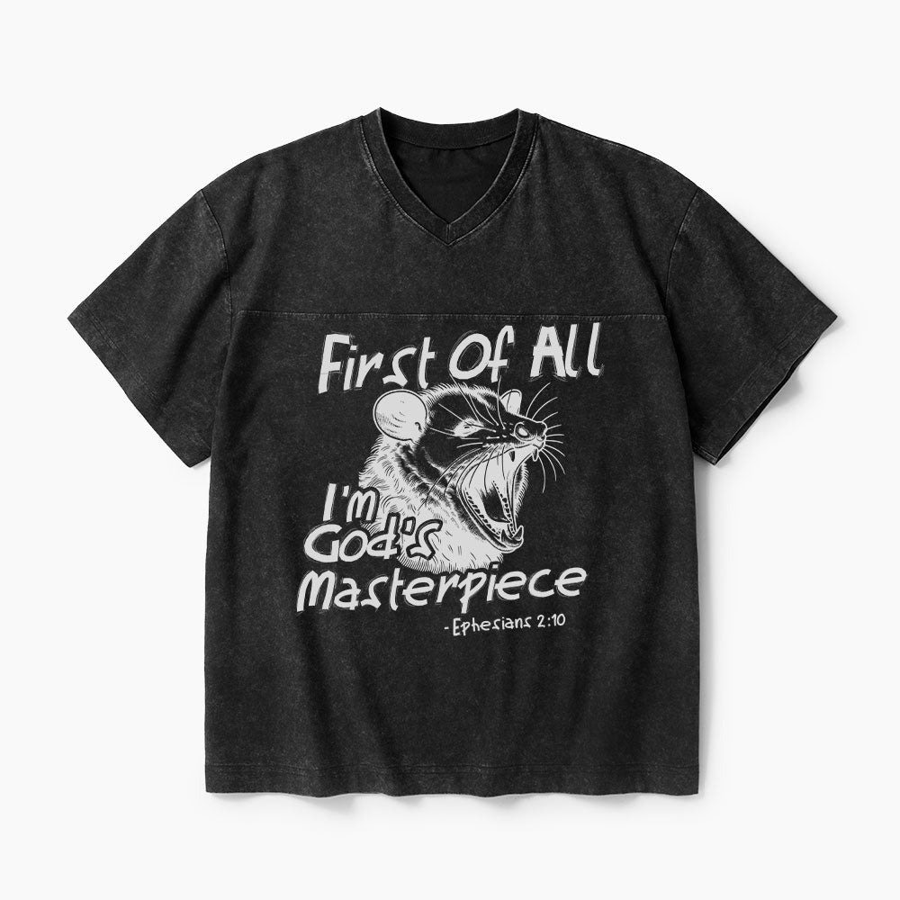 First Of All I'm God's Masterpieces Christian Washed V-Neck T-Shirt