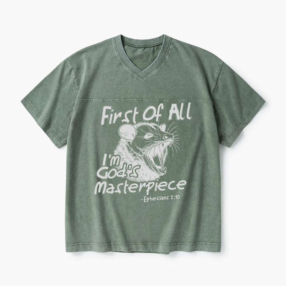 First Of All I'm God's Masterpieces Christian Washed V-Neck T-Shirt
