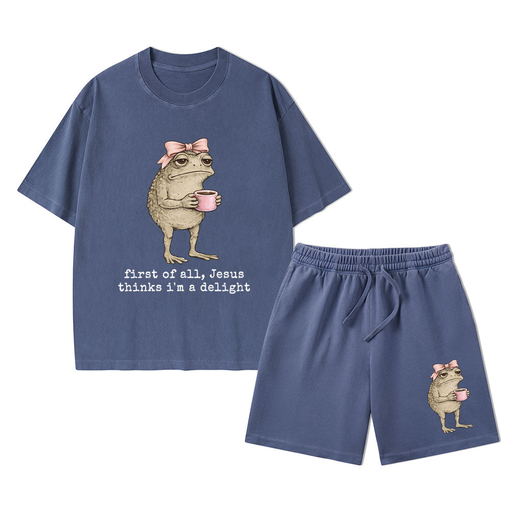 First Of All Jesus Thinks I'm A Delight Christian Washed T-Shirt & Shorts