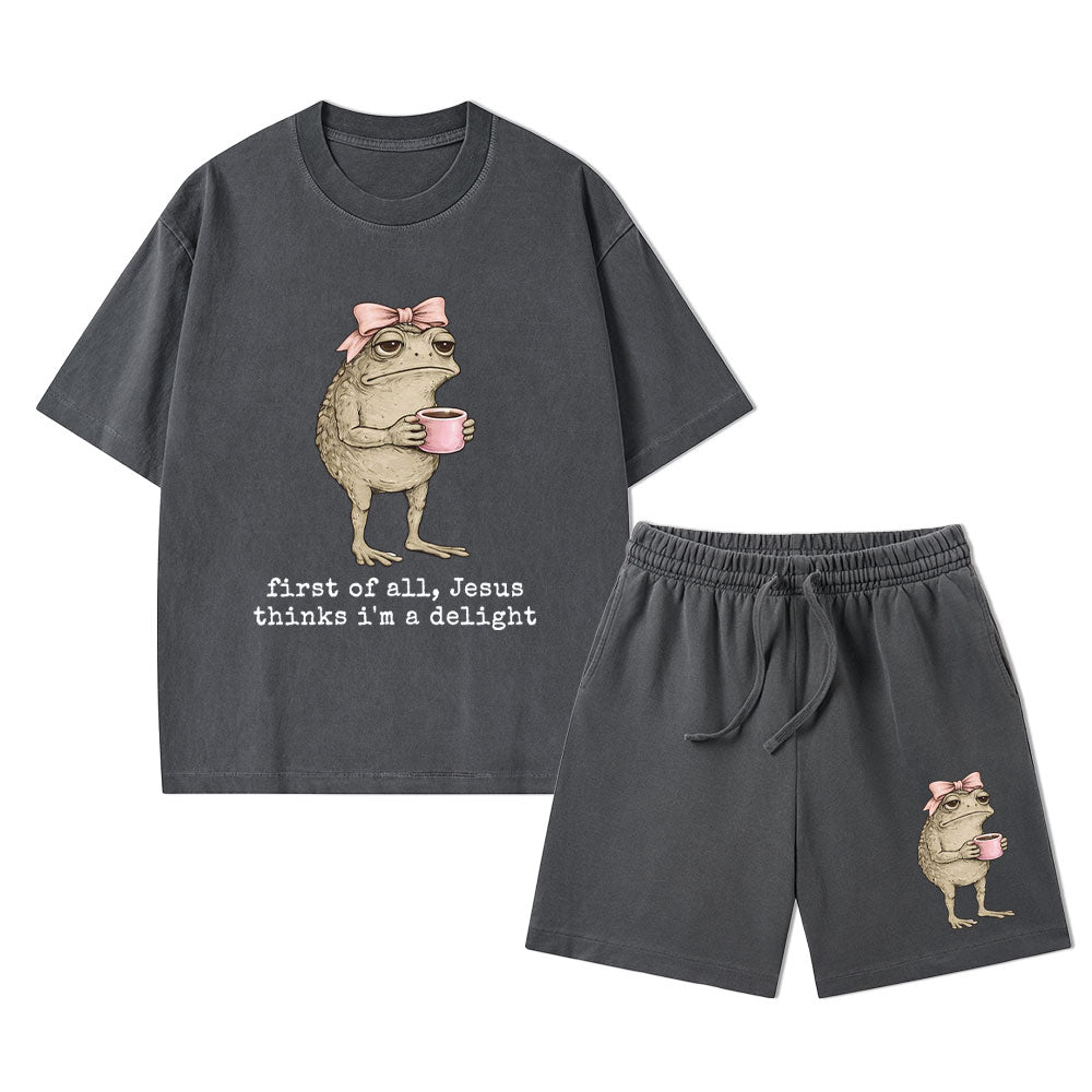 First Of All Jesus Thinks I'm A Delight Christian Washed T-Shirt & Shorts