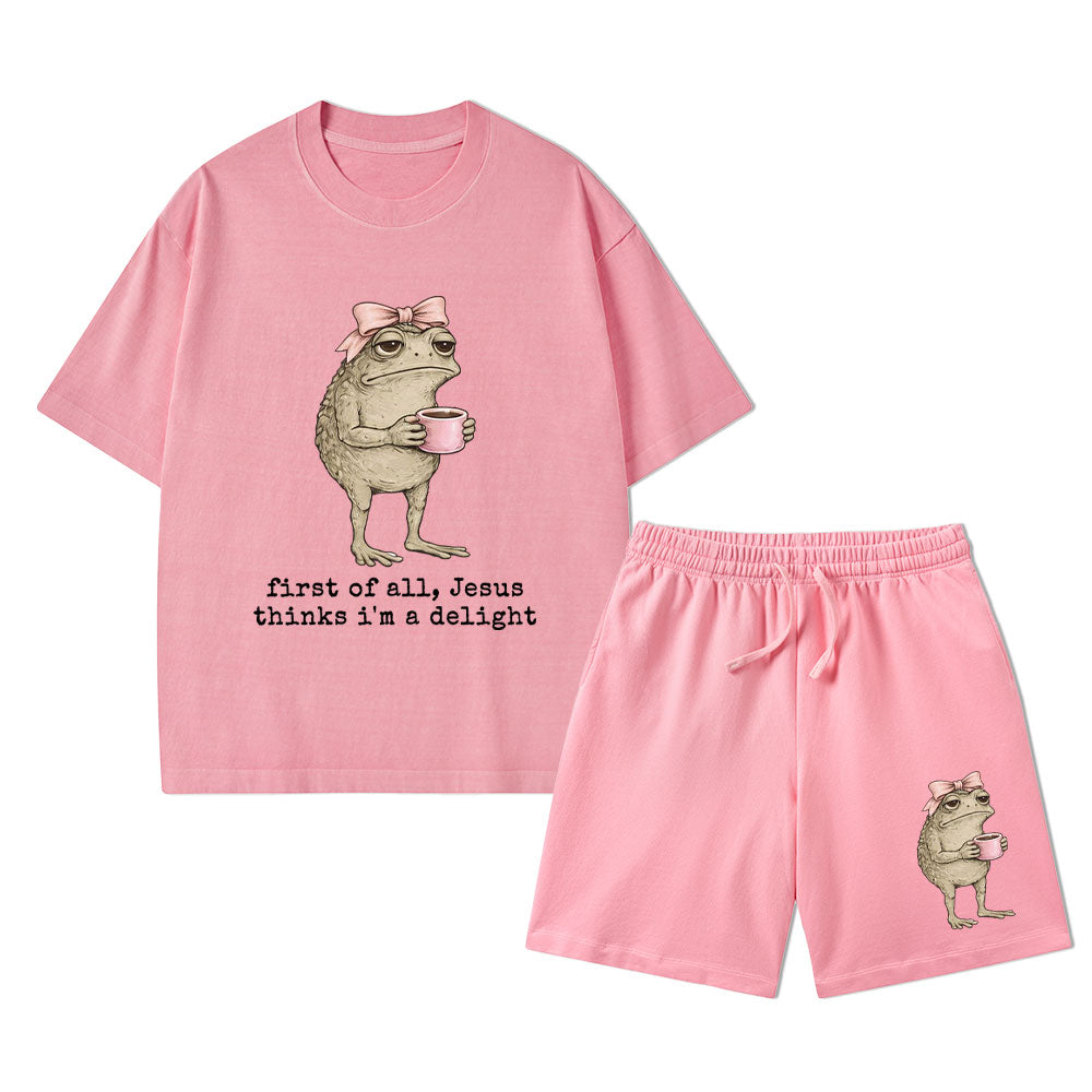 First Of All Jesus Thinks I'm A Delight Christian Washed T-Shirt & Shorts