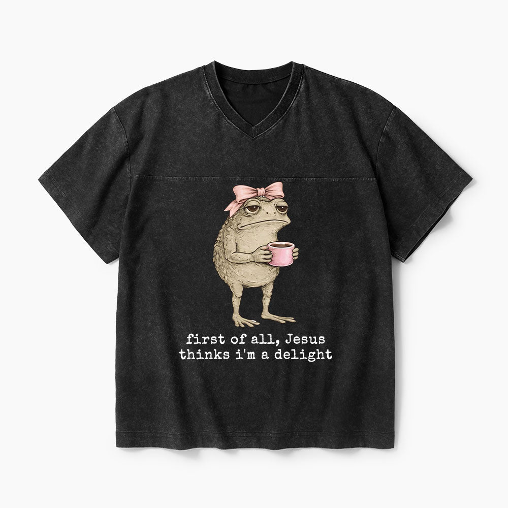 First Of All Jesus Thinks I'm A Delight Christian Washed V-Neck T-Shirt