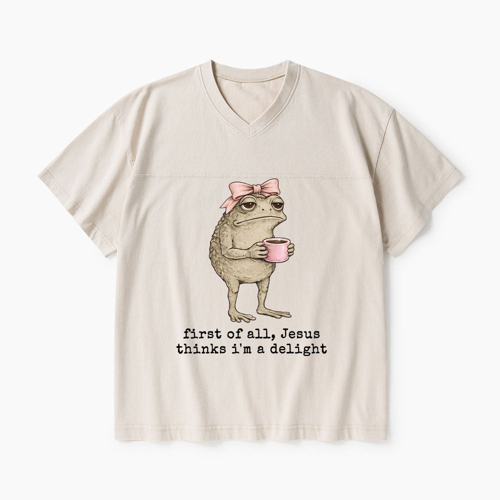 First Of All Jesus Thinks I'm A Delight Christian Washed V-Neck T-Shirt