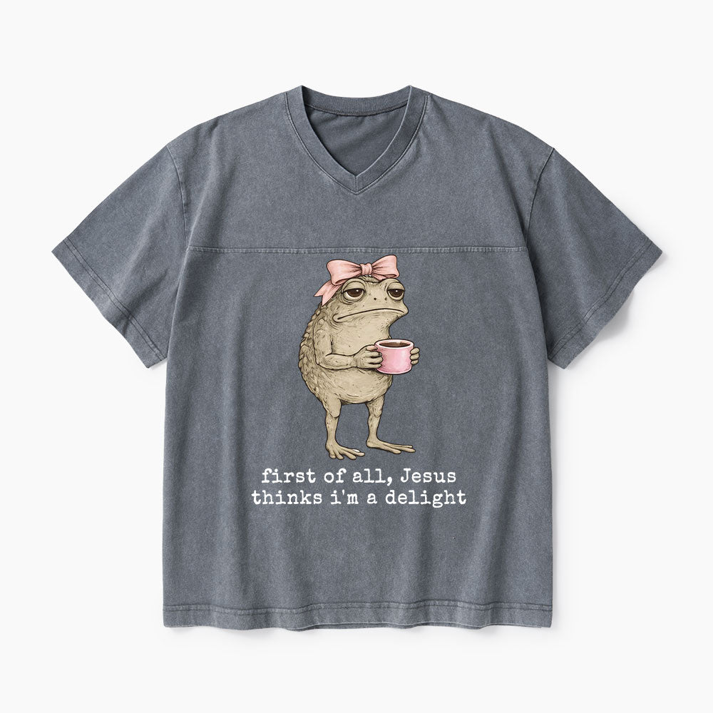 First Of All Jesus Thinks I'm A Delight Christian Washed V-Neck T-Shirt