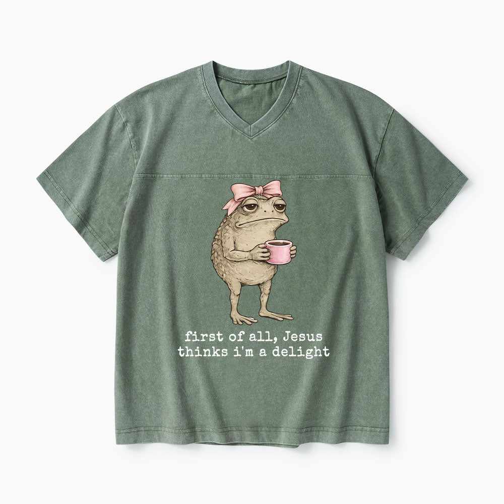 First Of All Jesus Thinks I'm A Delight Christian Washed V-Neck T-Shirt