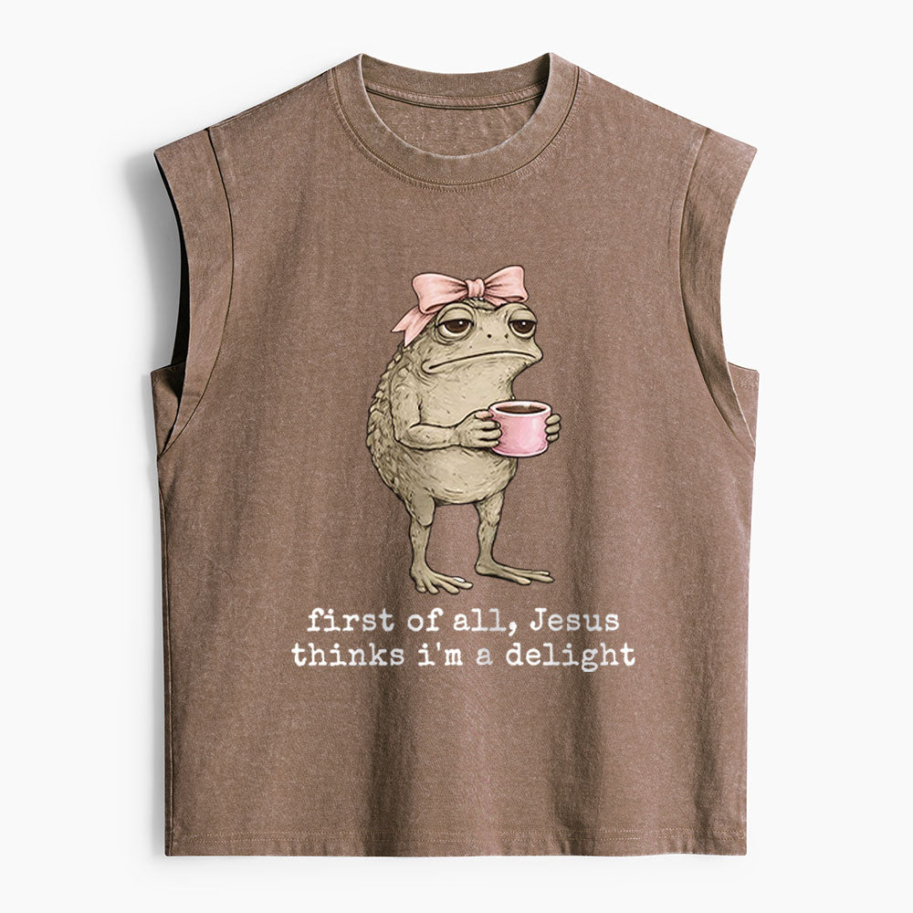 First Of All Jesus Thinks I'm A Delight Christian Women's Washed Tank Top
