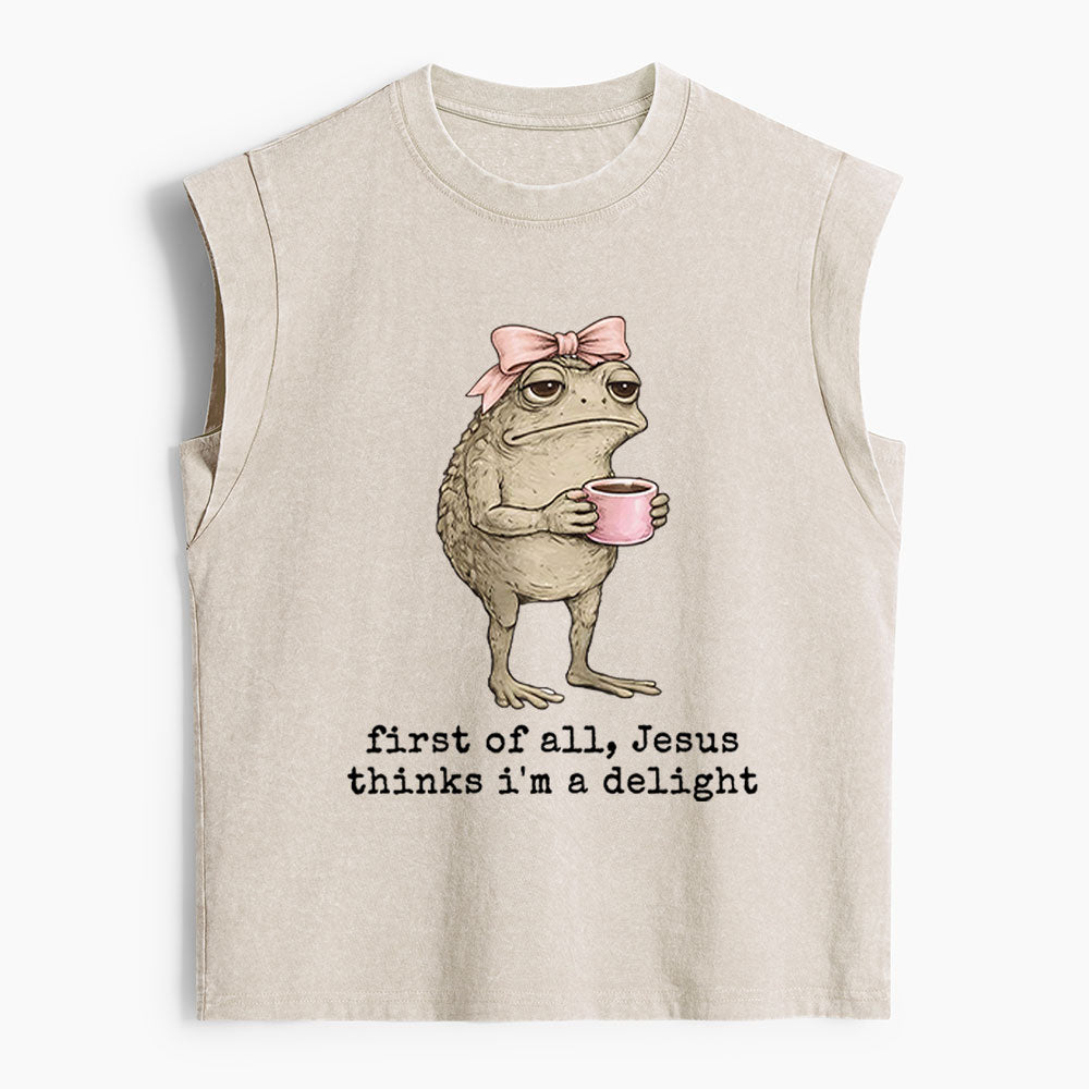 First Of All Jesus Thinks I'm A Delight Christian Women's Washed Tank Top