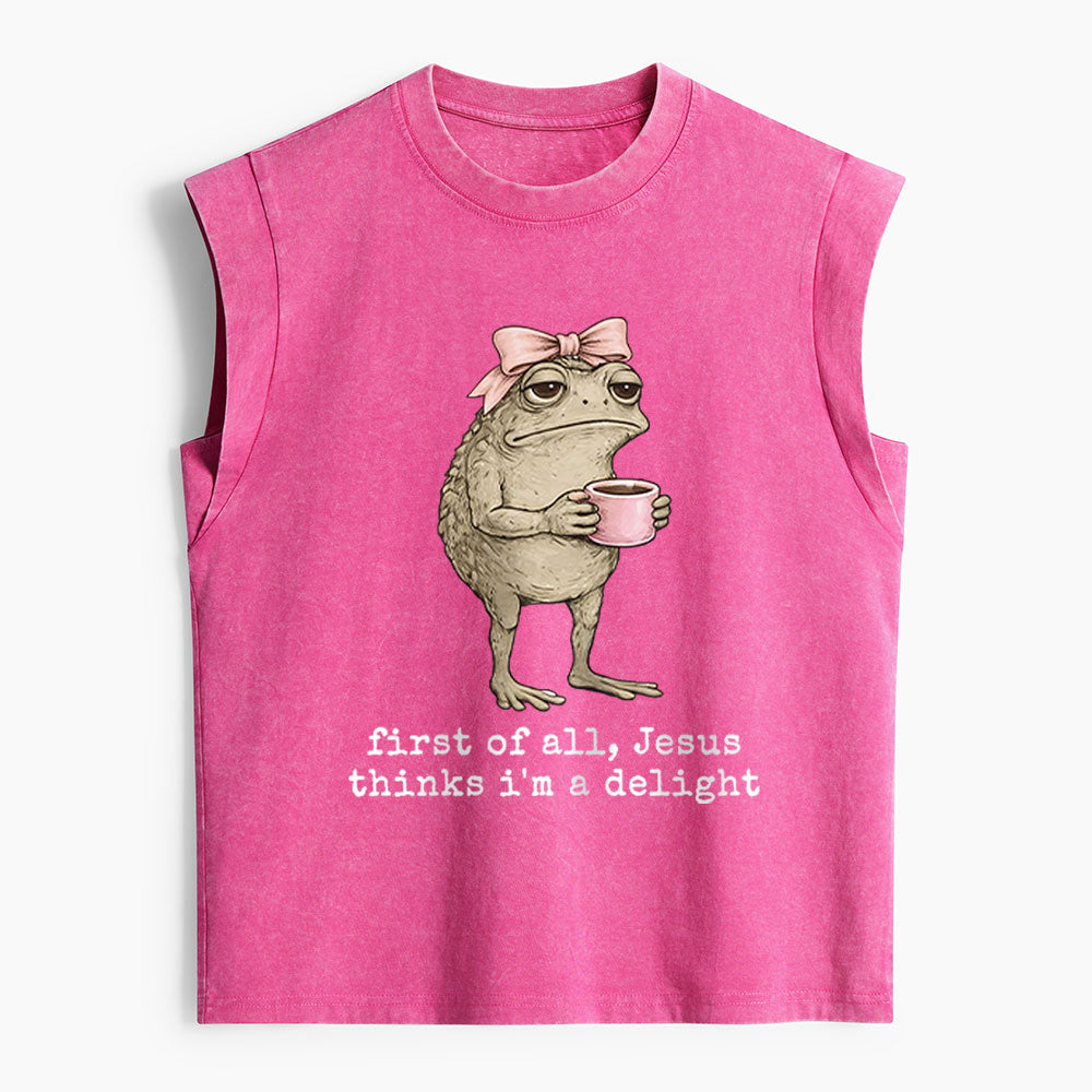 First Of All Jesus Thinks I'm A Delight Christian Women's Washed Tank Top