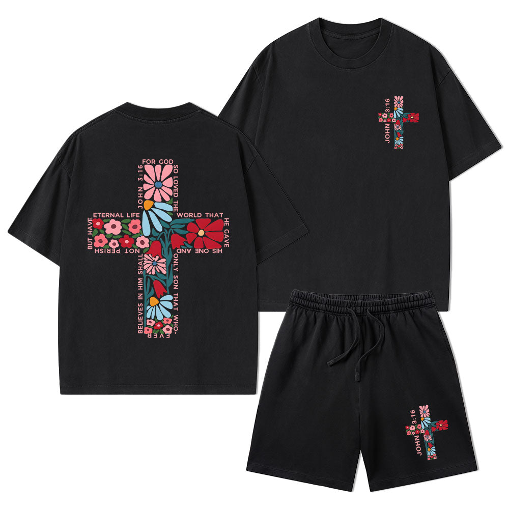 For God So Loved The World Christian Washed T-Shirt & Shorts