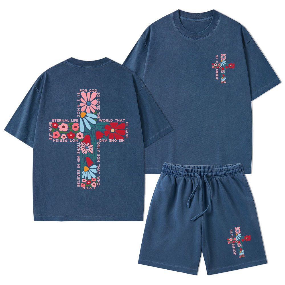 For God So Loved The World Christian Washed T-Shirt & Shorts