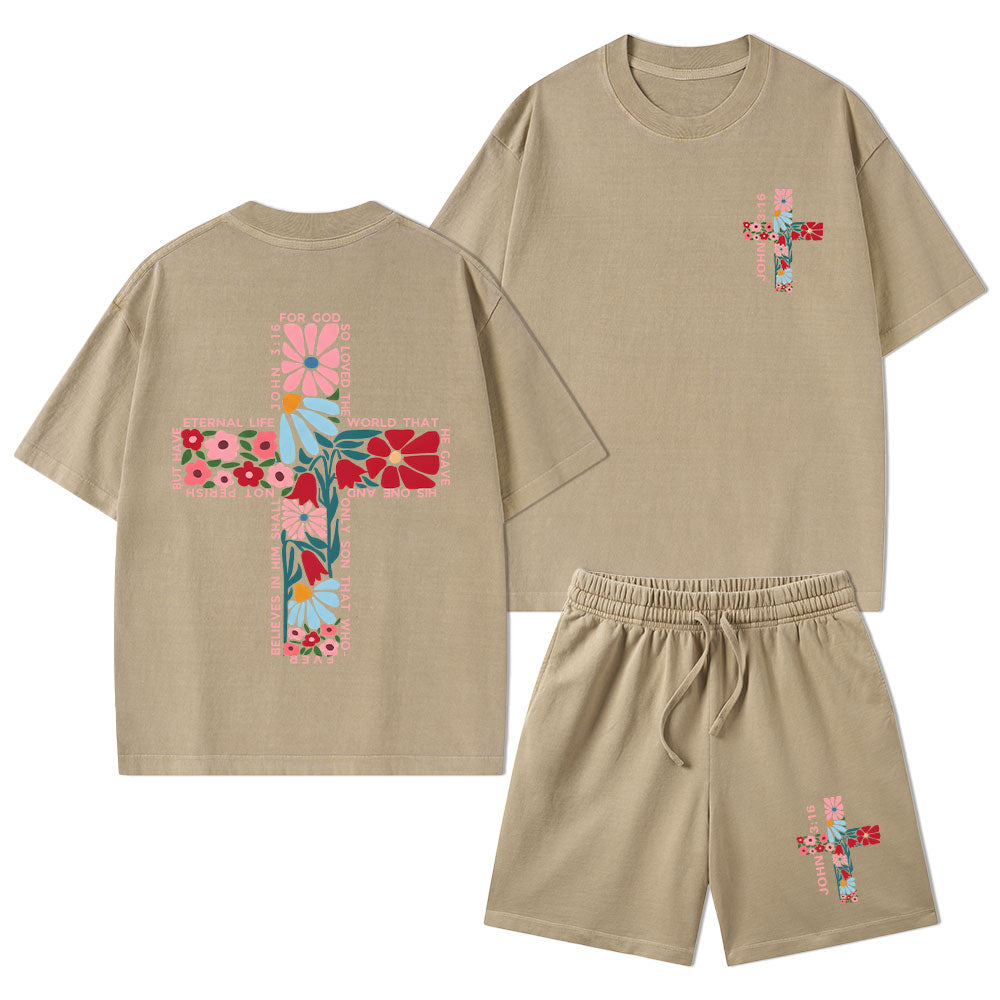 For God So Loved The World Christian Washed T-Shirt & Shorts