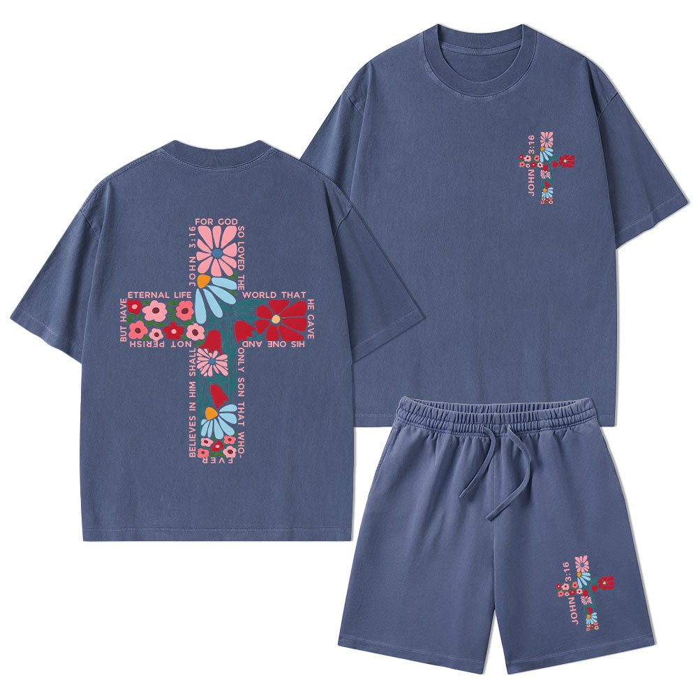 For God So Loved The World Christian Washed T-Shirt & Shorts