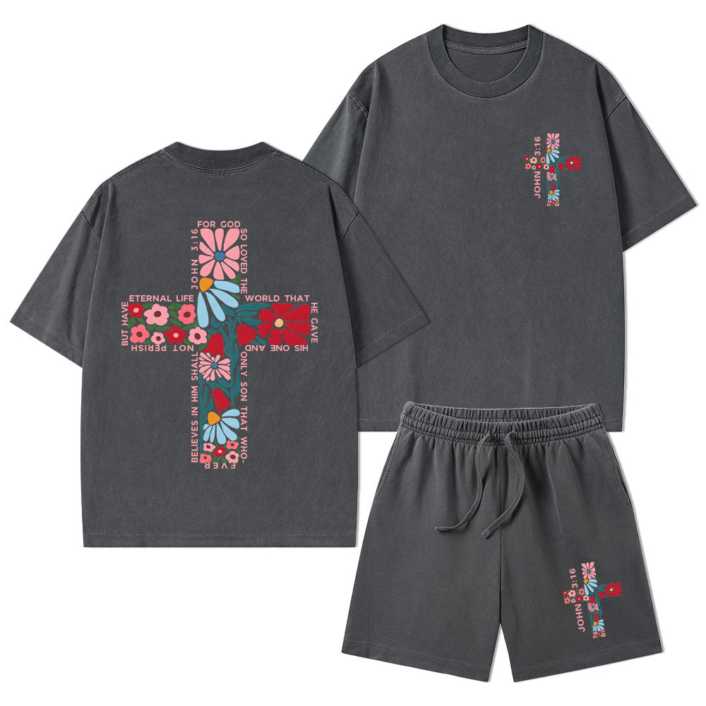 For God So Loved The World Christian Washed T-Shirt & Shorts