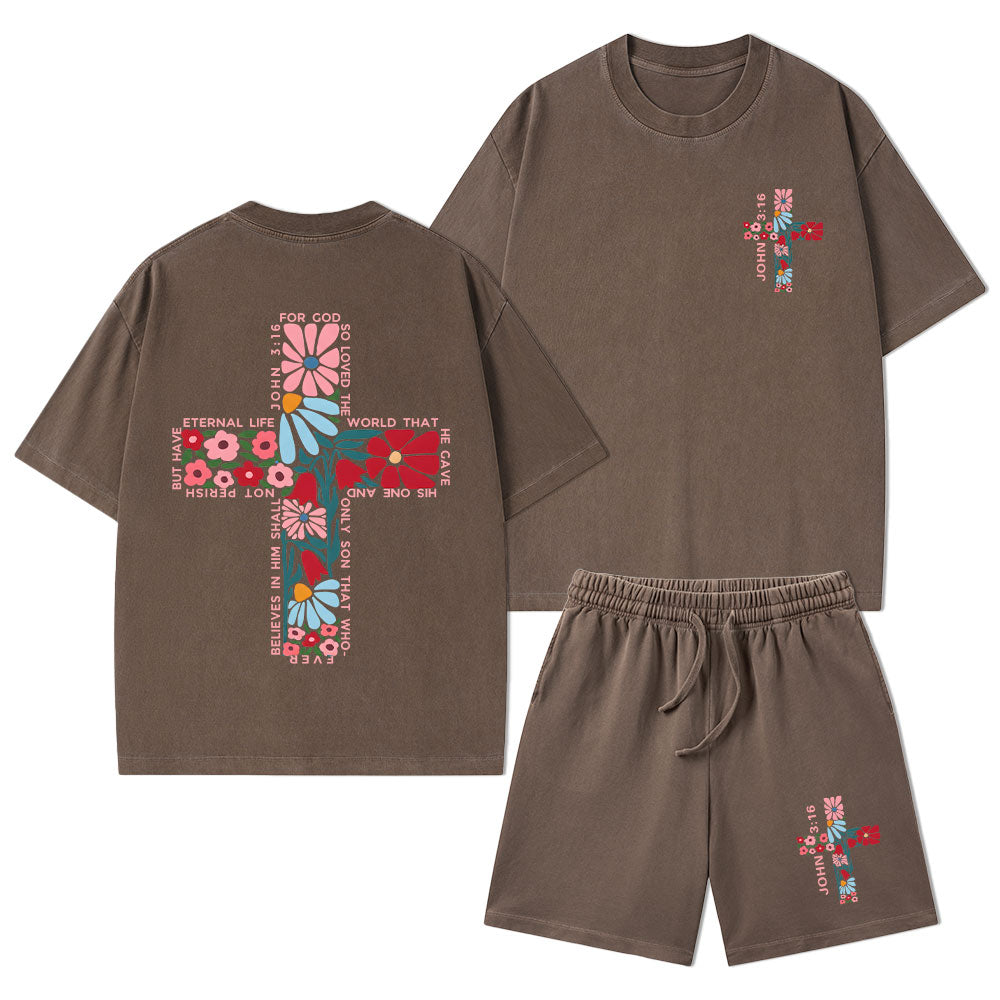For God So Loved The World Christian Washed T-Shirt & Shorts