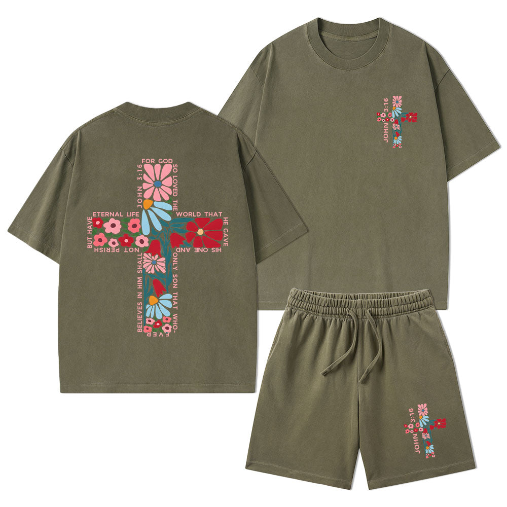 For God So Loved The World Christian Washed T-Shirt & Shorts