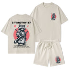 Fought The Good Fight Raccoon Christian Washed T-Shirt & Shorts