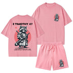 Fought The Good Fight Raccoon Christian Washed T-Shirt & Shorts
