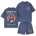 Fought The Good Fight Raccoon Christian Washed T-Shirt & Shorts