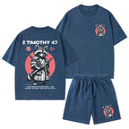 Fought The Good Fight Raccoon Christian Washed T-Shirt & Shorts