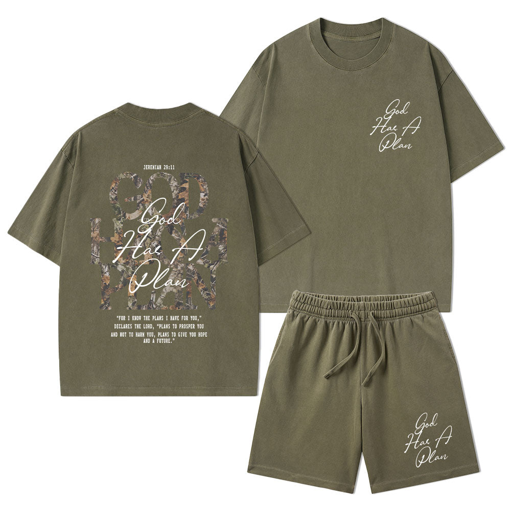 God Has A Plan Camo Christian Washed T-Shirt & Shorts