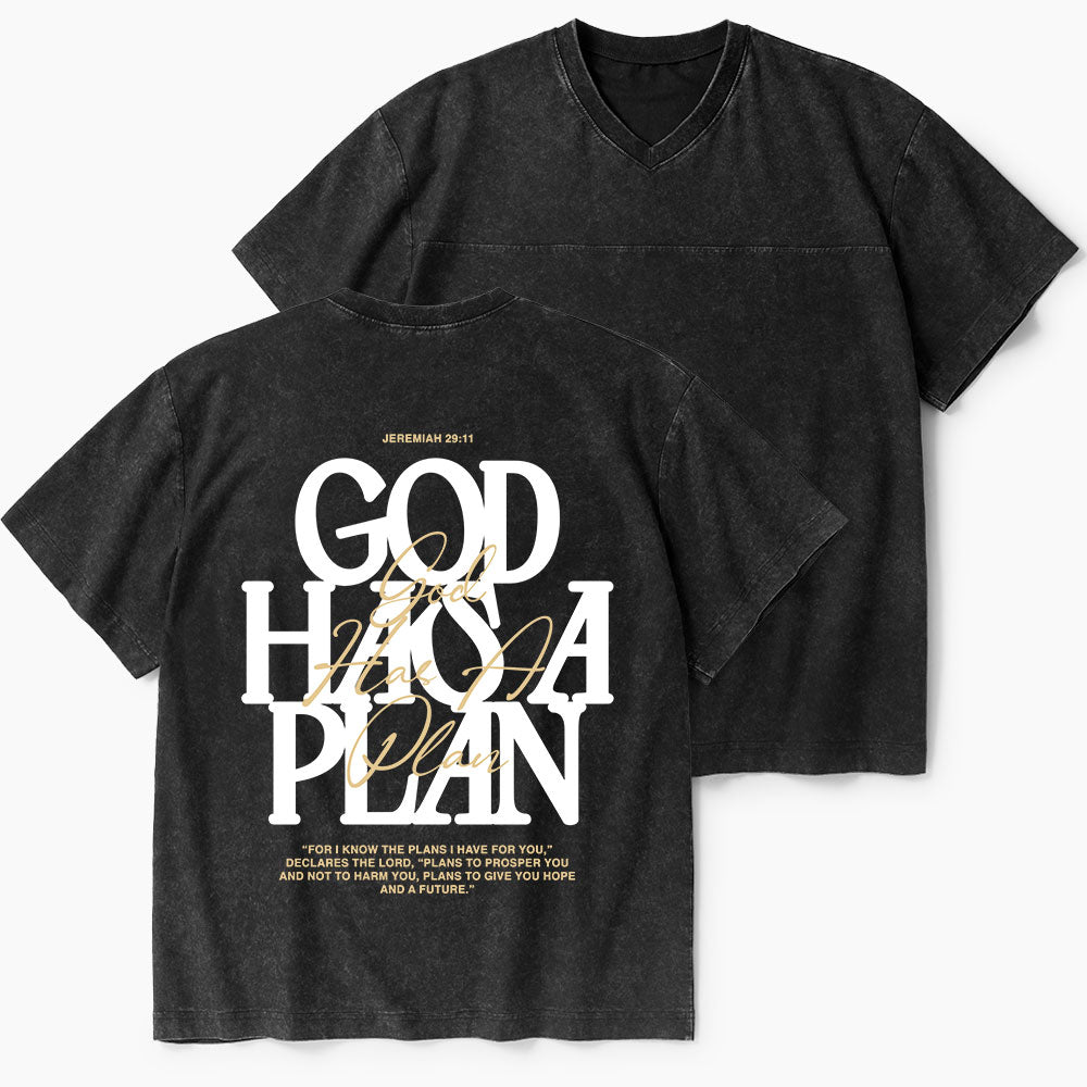 God Has A Plan Christian Washed V-Neck T-Shirt