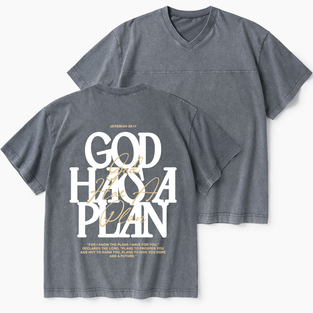 God Has A Plan Christian Washed V-Neck T-Shirt
