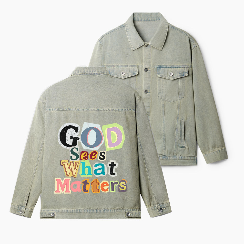 God Sees What Matters Christian Denim Jacket