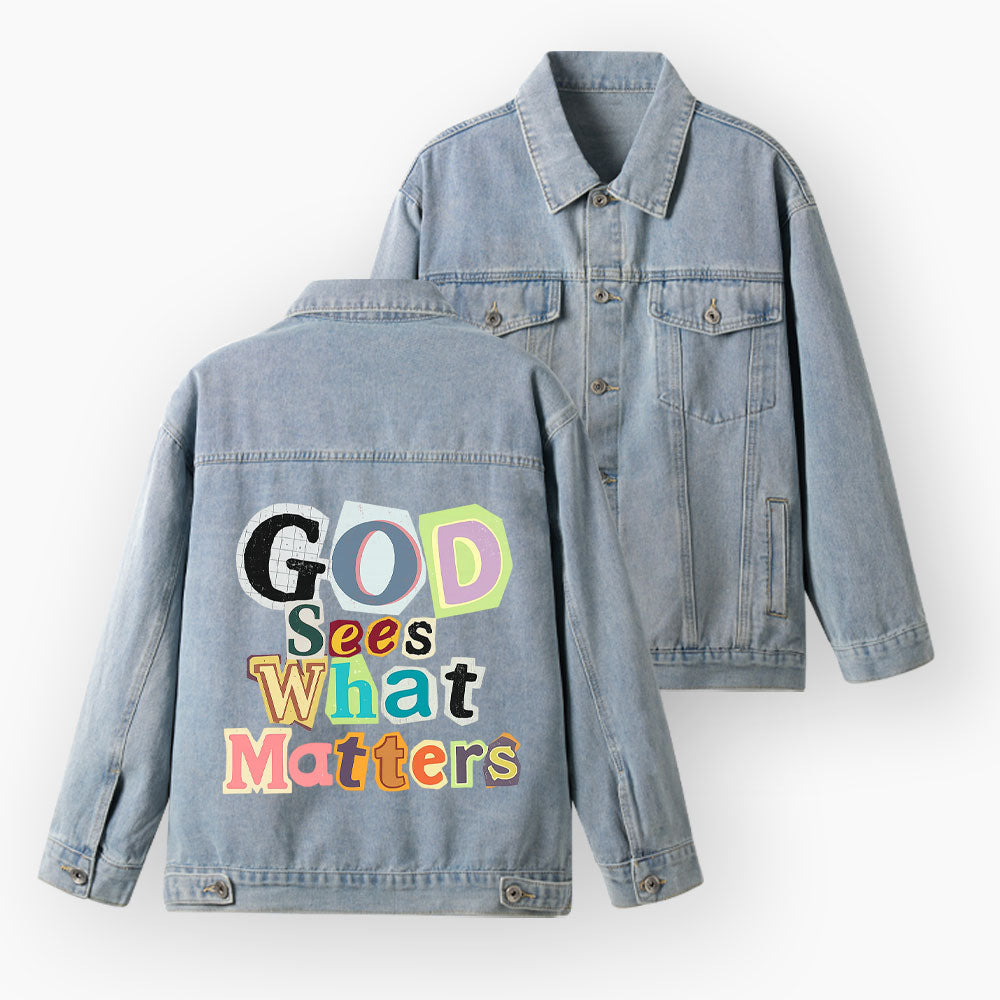 God Sees What Matters Christian Denim Jacket
