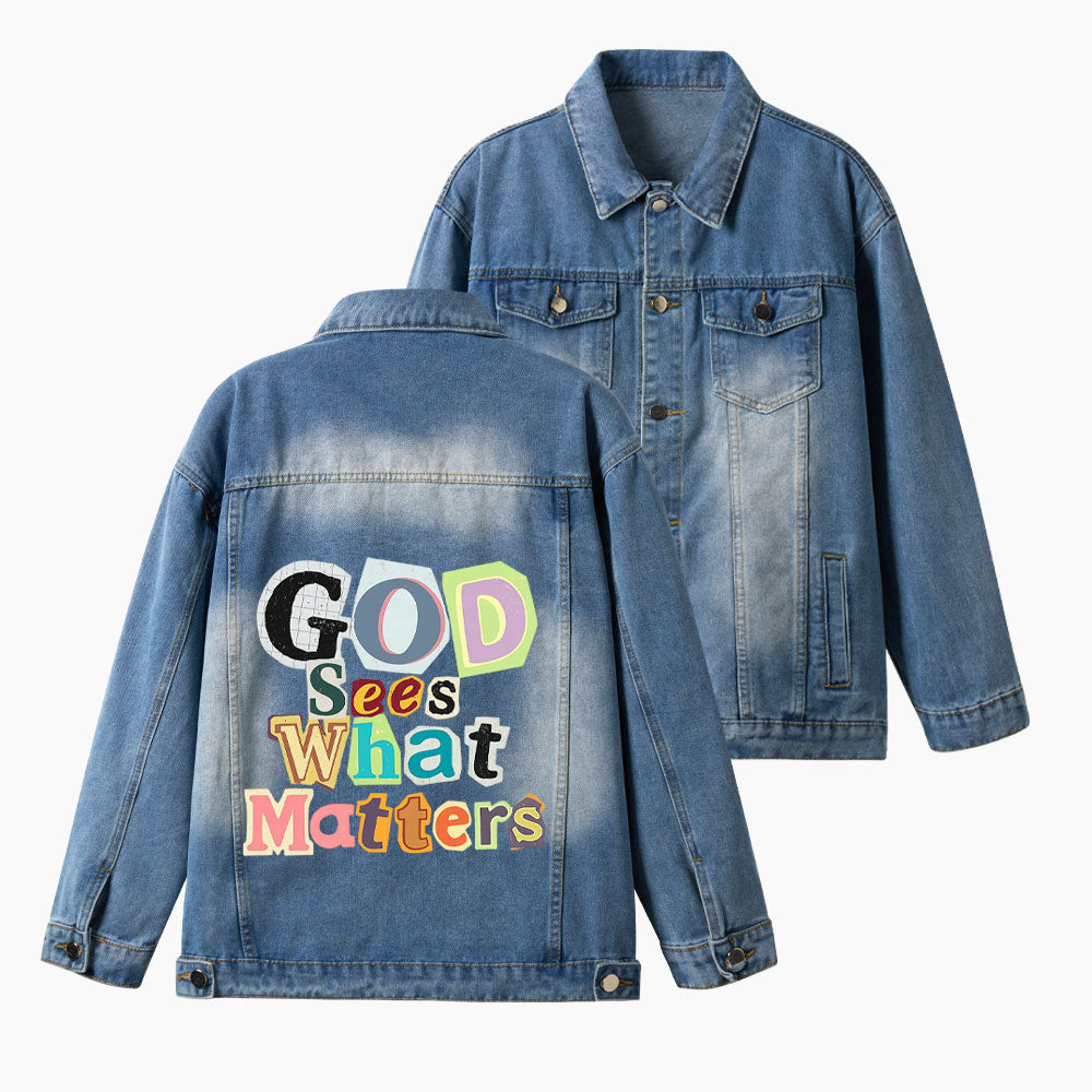 God Sees What Matters Christian Denim Jacket
