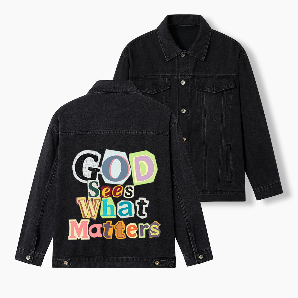 God Sees What Matters Christian Denim Jacket