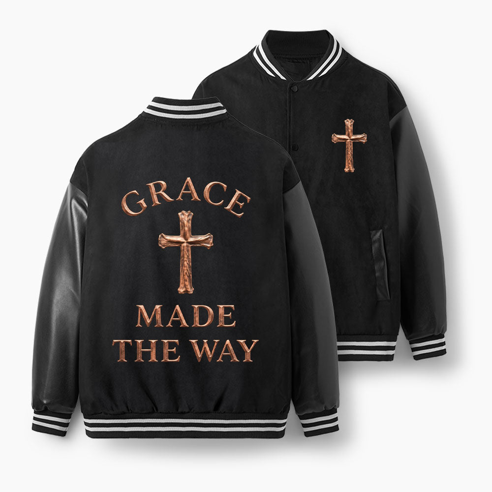 Grace Made The Way Christian Color Block Baseball Jacket