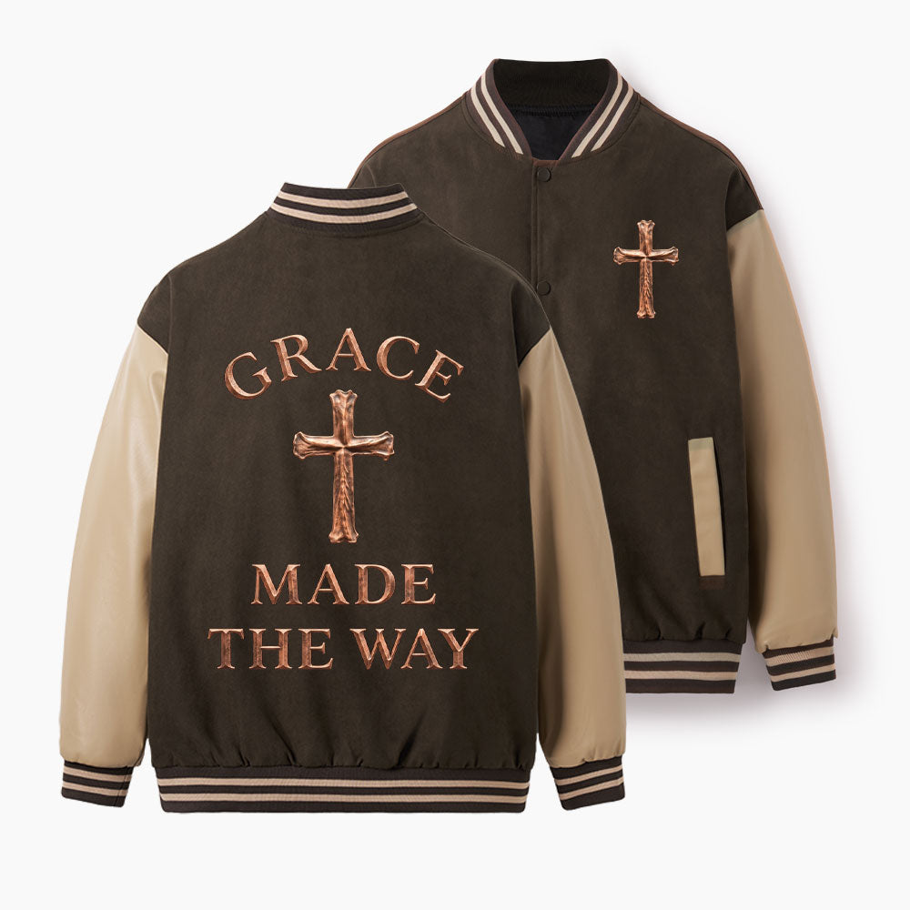 Grace Made The Way Christian Color Block Baseball Jacket