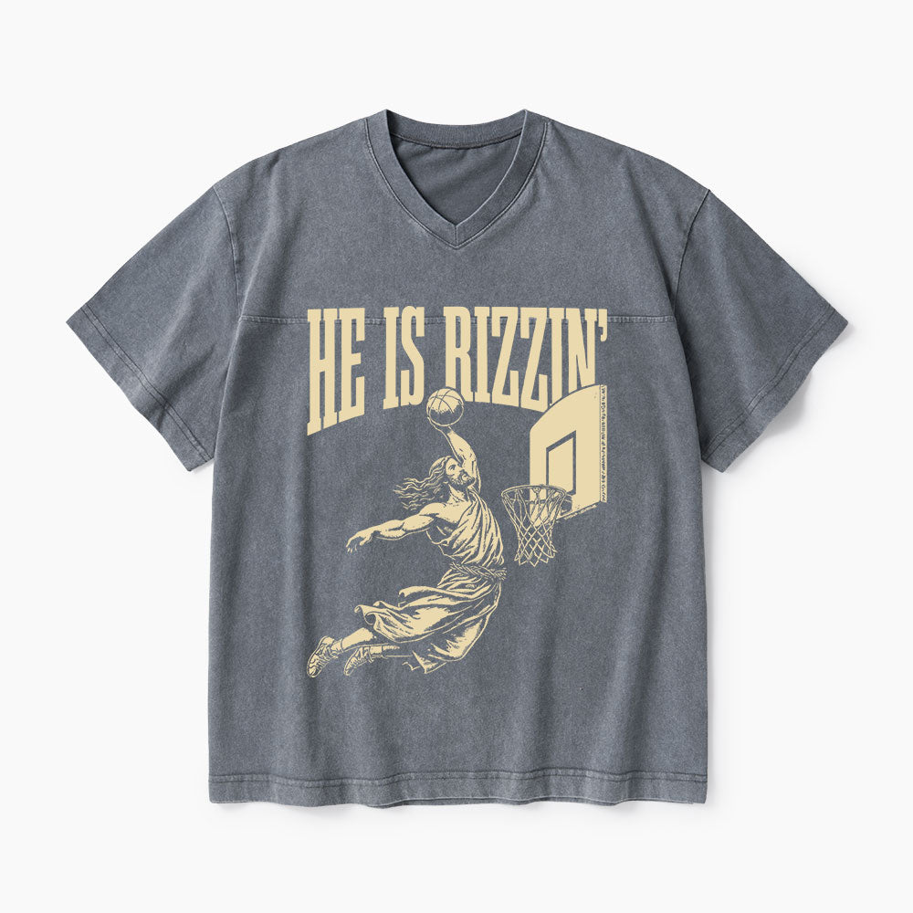 He Is Rizzin Christian Washed V-Neck T-Shirt