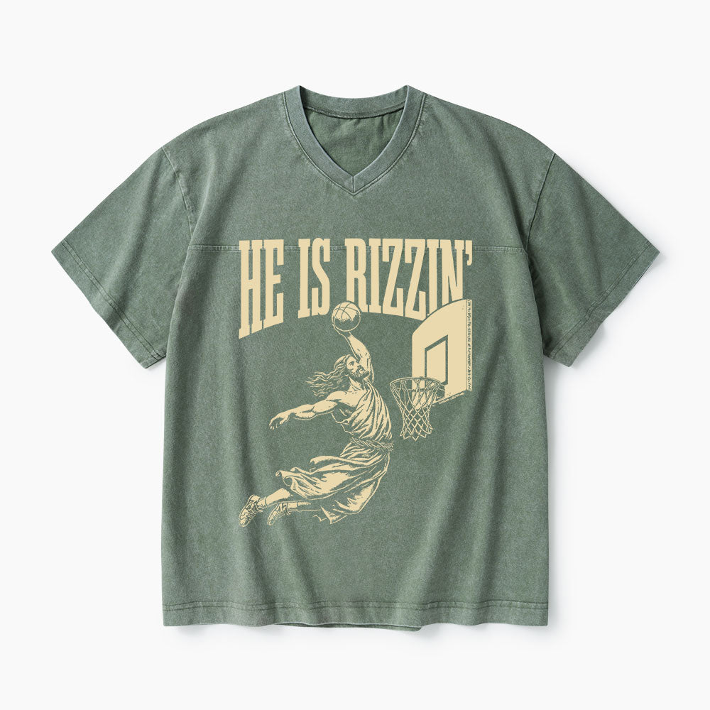 He Is Rizzin Christian Washed V-Neck T-Shirt