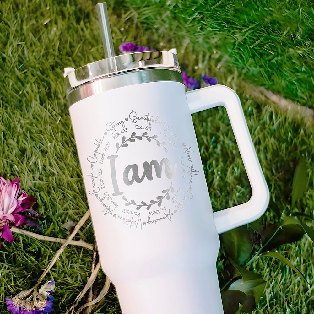 I Am Strong Philippians 4:13 Beautiful Ecclesiastes 3:11 Chosen 1 Thess 1:14 Never Alone Matthew 28:20 Christian 40OZ Tumbler
