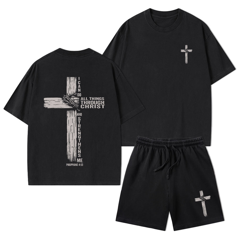I Can Do All Things Through Christ Christian Washed T-Shirt & Shorts