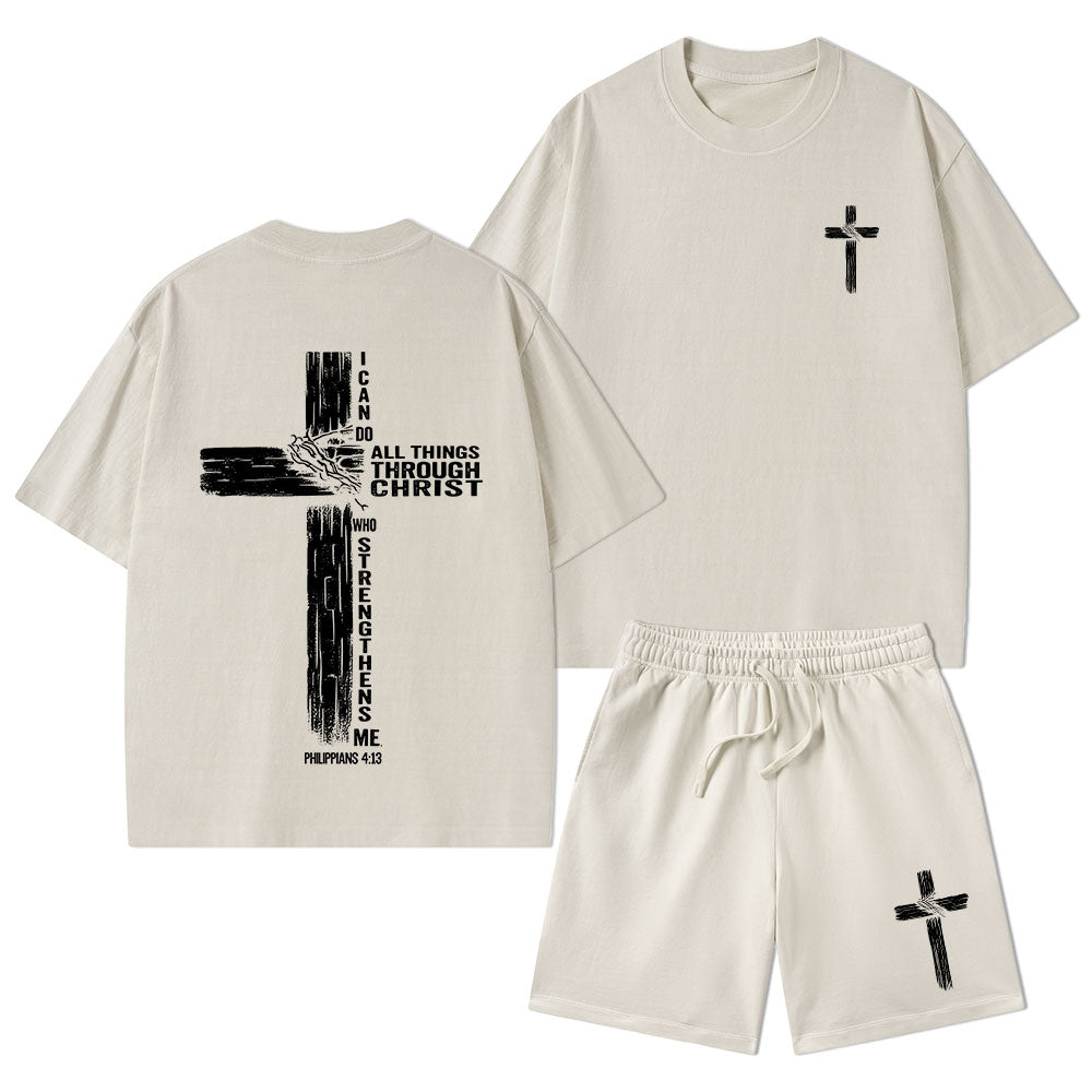 I Can Do All Things Through Christ Christian Washed T-Shirt & Shorts
