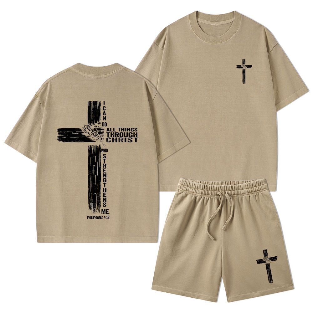 I Can Do All Things Through Christ Christian Washed T-Shirt & Shorts