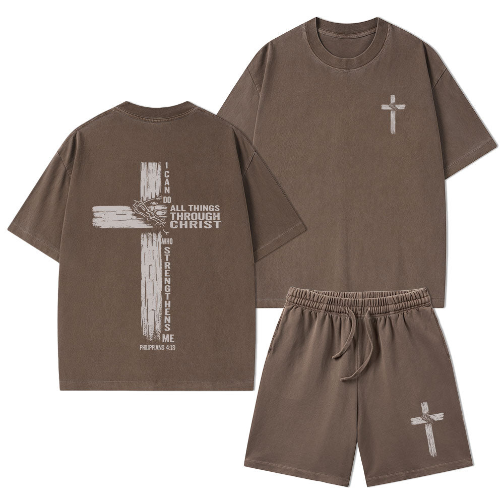 I Can Do All Things Through Christ Christian Washed T-Shirt & Shorts