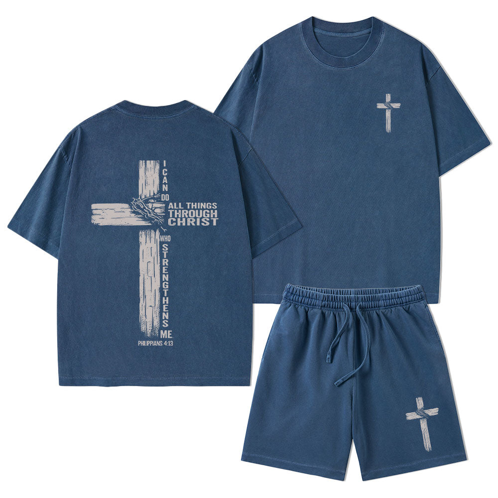 I Can Do All Things Through Christ Christian Washed T-Shirt & Shorts