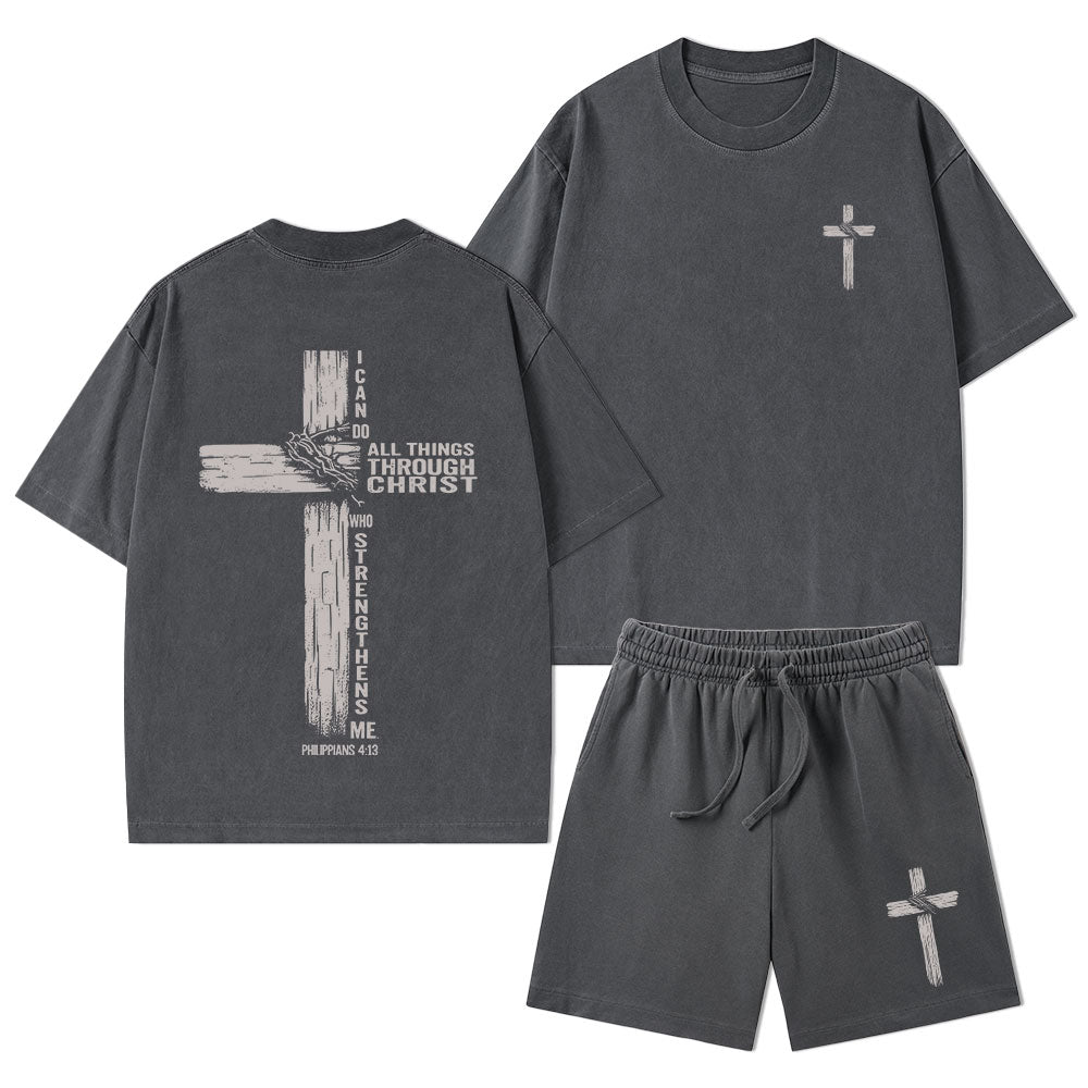 I Can Do All Things Through Christ Christian Washed T-Shirt & Shorts