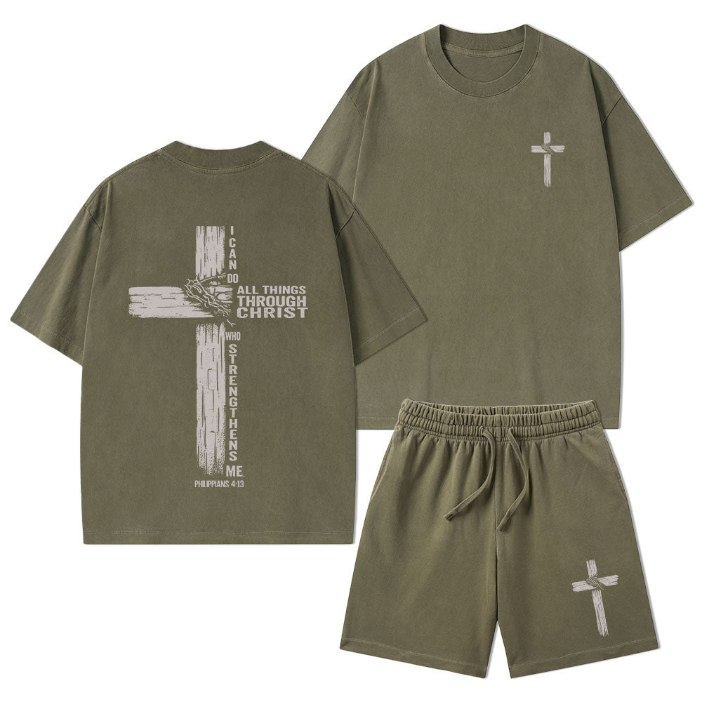 I Can Do All Things Through Christ Christian Washed T-Shirt & Shorts