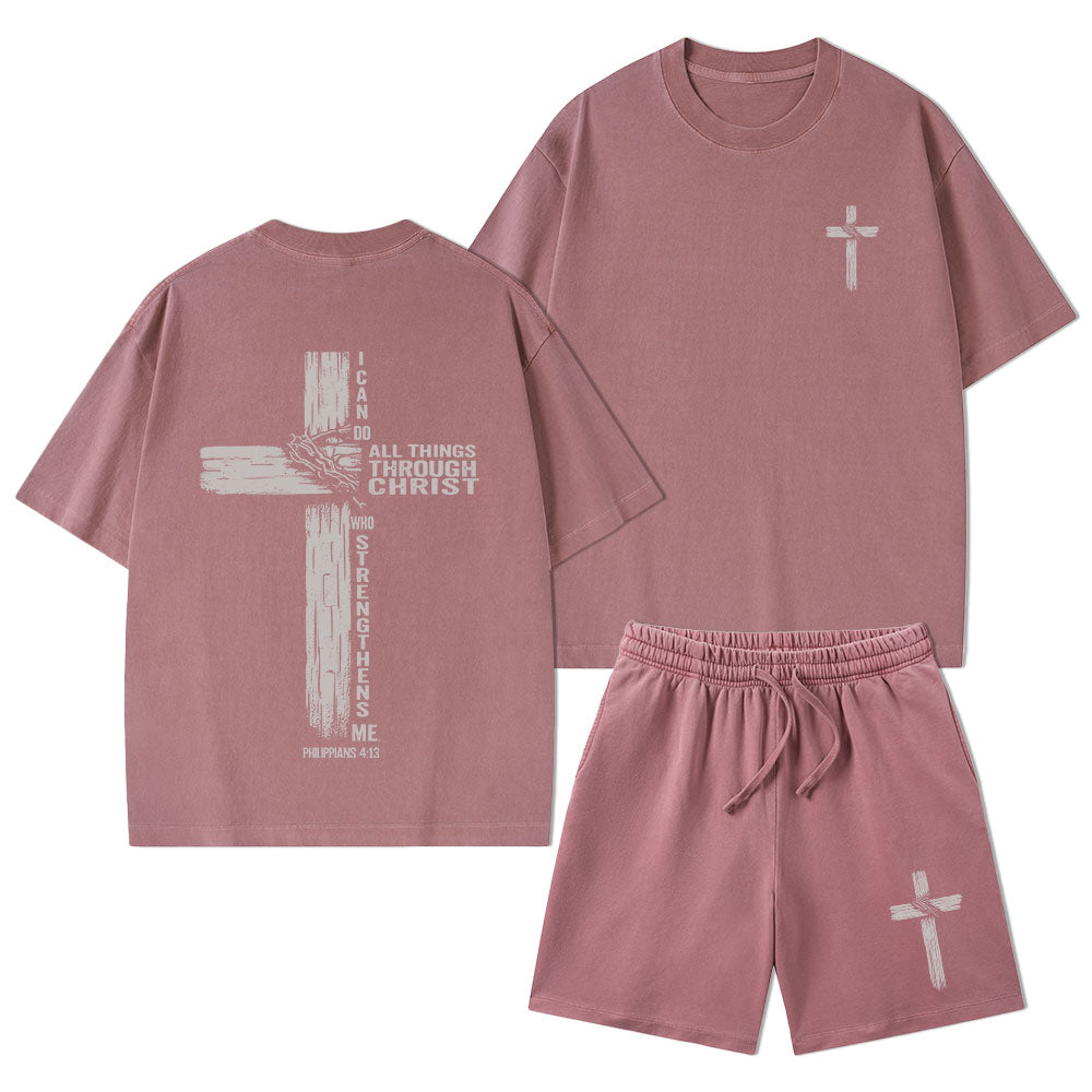 I Can Do All Things Through Christ Christian Washed T-Shirt & Shorts