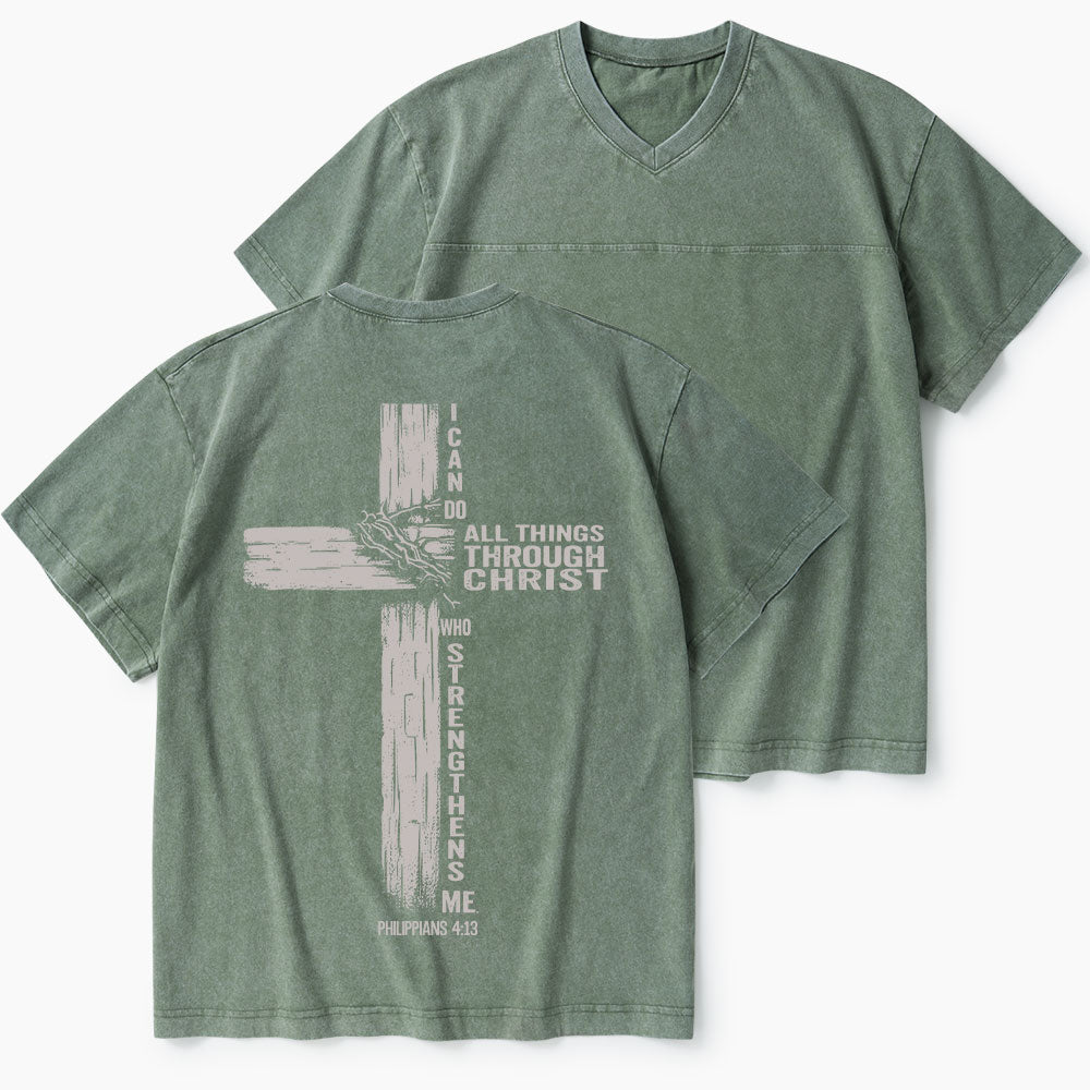 I Can Do All Things Through Christ Christian Washed V-Neck T-Shirt