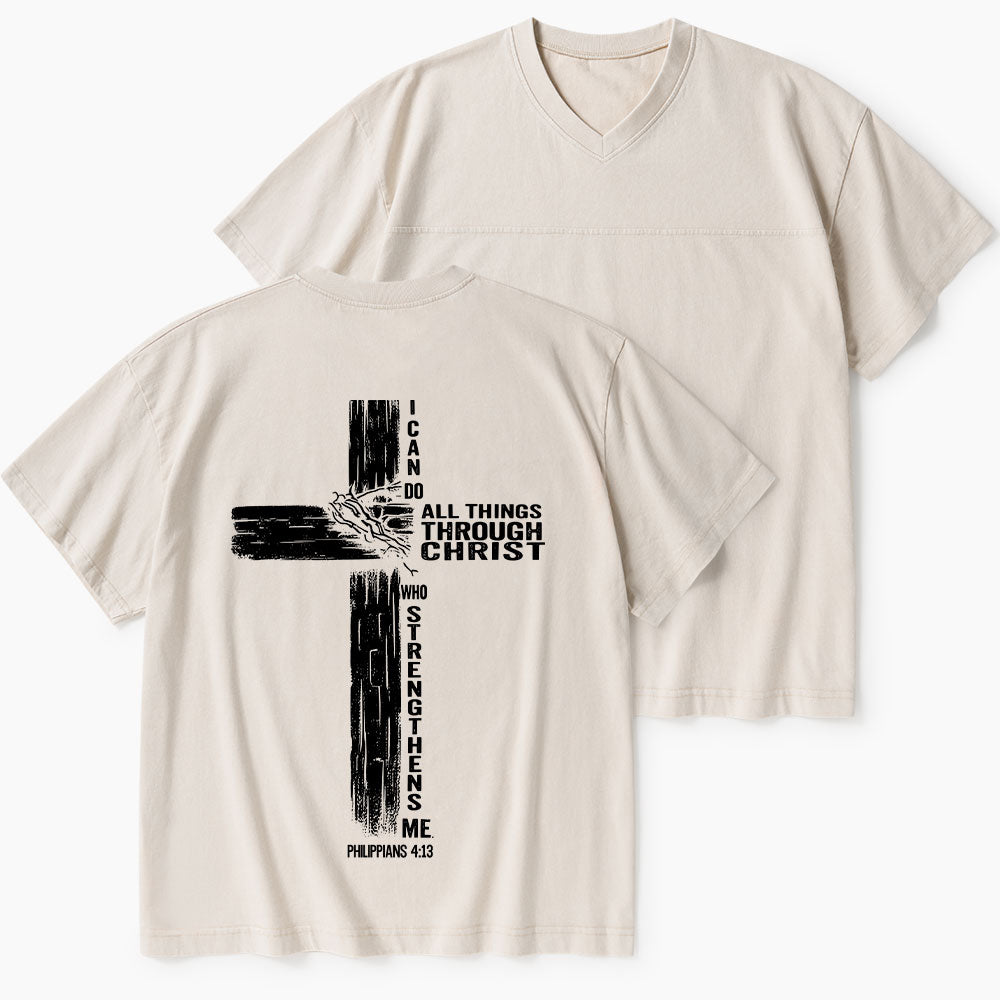 I Can Do All Things Through Christ Christian Washed V-Neck T-Shirt