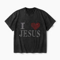 I Love Jesus Rhinestone Christian Washed V-Neck T-Shirt