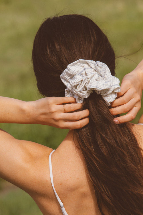 Creamy Blue Grid Jumbo Scrunchie